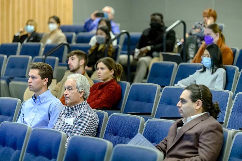 Audience members listen to a Master of Science in Professional Science presentation Thursday, Dec. 2, in the MTSU Science Building. Ten students seeking master’s degrees in six different areas spent the fall semester interning with businesses or state organizations. (MTSU photo by J. Intintoli)