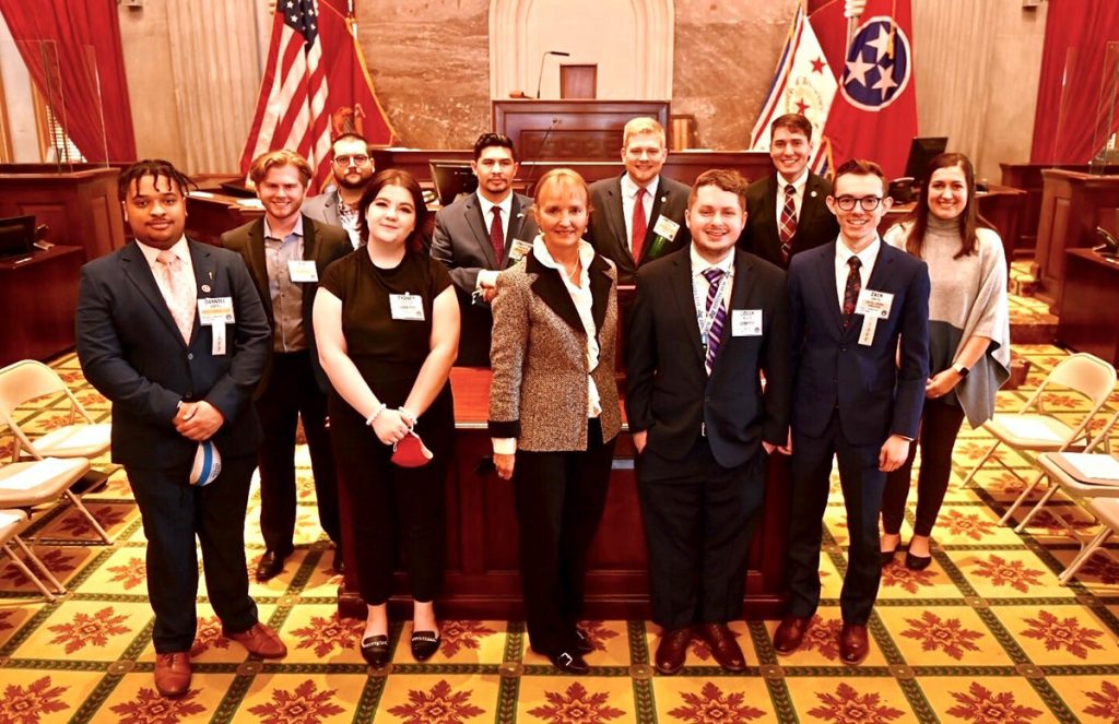 A delegation from MTSU recently took part in the annual Tennessee Intercollegiate State Legislature at the Tennessee General Assembly in Nashville, Tenn. Participants are shown in the Tennessee House chamber. They include front row, from left: Denzel Harris, Sydney Fischer, former Tennessee House of Representatives Speaker Beth Harwell, Logan McVey and Zach Smith; middle row, from left: Ben Adams and Delanie McDonald; and back row, from left: Jesse Griffin, Christian Cervantes, Preston George and Tommy Wilmore. Now an MTSU Distinguished Visiting Professor, Harwell mentored the group before they went to Nashville. (MTSU photo by James Cessna)