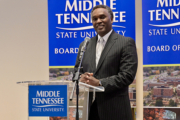MTSU Trustee Darrell Freeman discusses concerns about declines in Black male student enrollment during the Board of Trustees quarterly meeting held Wednesday, Dec. 8, 2021, inside the Miller Education Center on Bell Street. (MTSU photo by Andy Heidt)