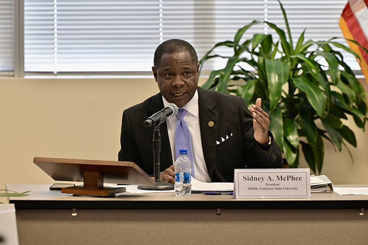 MTSU President Sidney A. McPhee gives his report during the board’s quarterly meeting held Wednesday, Dec. 8, 2021, inside the Miller Education Center on Bell Street. (MTSU photo by Andy Heidt)
