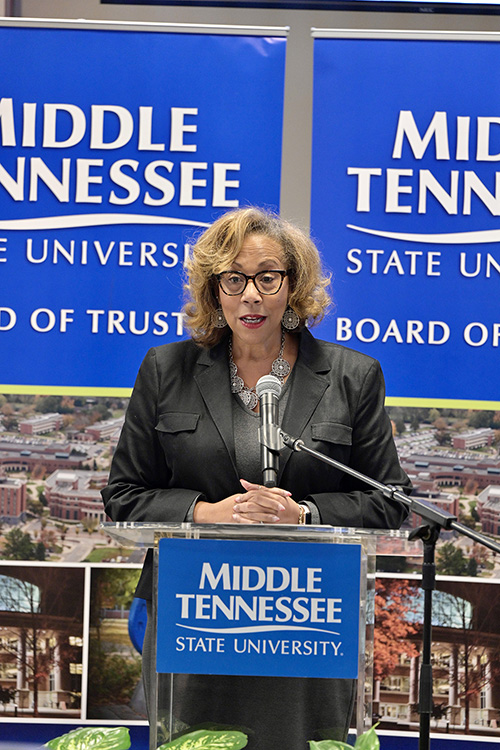 MTSU alumna Jewell Winn expresses concerns about declines in Black enrollment at the university Education during the Board of Trustees quarterly meeting held Wednesday, Dec. 8, 2021, inside the Miller Education Center on Bell Street. (MTSU photo by Andy Heidt)