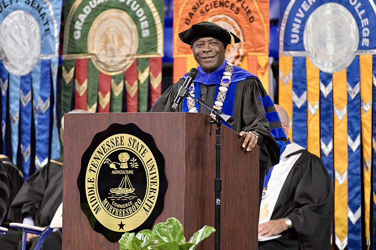 MTSU President Sidney A. McPhee speaks to members of the Class of 2021 Saturday, Dec. 11, during MTSU's fall 2021 morning commencement in Murphy Center. The university presented degrees to more than 1,670 students in three commencement events to conclude the fall semester. (MTSU photo by J. Intintoli)