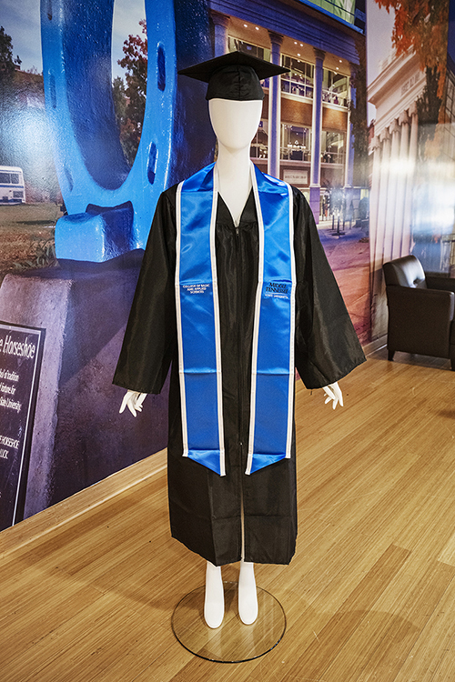 A mannequin displays the new MTSU college stoles that fall 2021 graduates can begin buying Friday, Dec. 3, in the university's Phillips Bookstore in the Student Union to wear at their Saturday, Dec. 11, commencement ceremonies. (MTSU photo by Andy Heidt)
