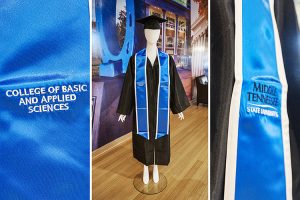 A mannequin displays the new MTSU college stoles that fall 2021 graduates can begin buying Friday, Dec. 3, in the university's Phillips Bookstore in the Student Union to wear at their Saturday, Dec. 11, commencement ceremonies. The close-up views on either side show the embroidered "College of Basic and Applied Sciences" stole with the MTSU trademarked text logo as an example of the new college-specific stoles. (MTSU photos by Andy Heidt)