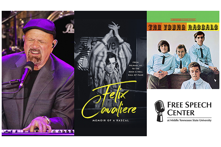 Rock & Roll Hall of Fame member Felix Cavaliere, left, is shown during a performance in this 2019 publicity photo by Leon Volskis and at far right on the cover of the 1966 debut album with The Young Rascals. Cavaliere , whose March 2022 autobiography is shown in the center, will be honored with the Free Speech in Music Award from the Free Speech Center at Middle Tennessee State University Wednesday, Feb. 23, on a night of music and celebration. (Cavaliere photo courtesy of Leon Volskis; album cover by Atlantic Records)