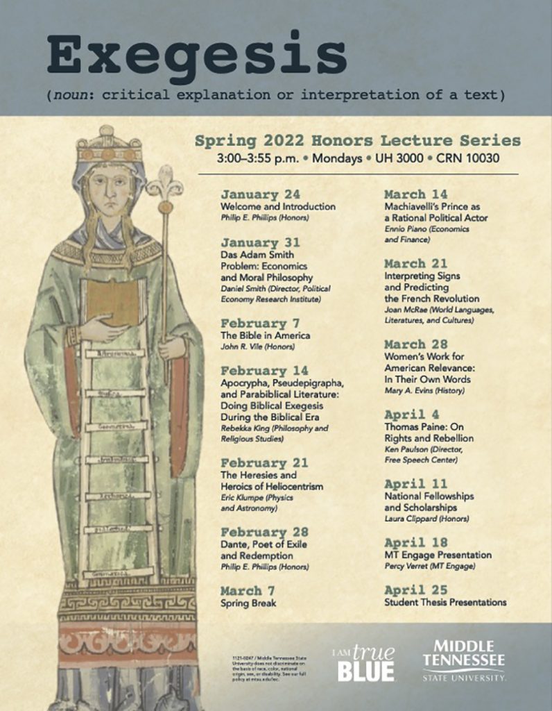 "Exegesis" spring Honors Lecture Series poster 2022
