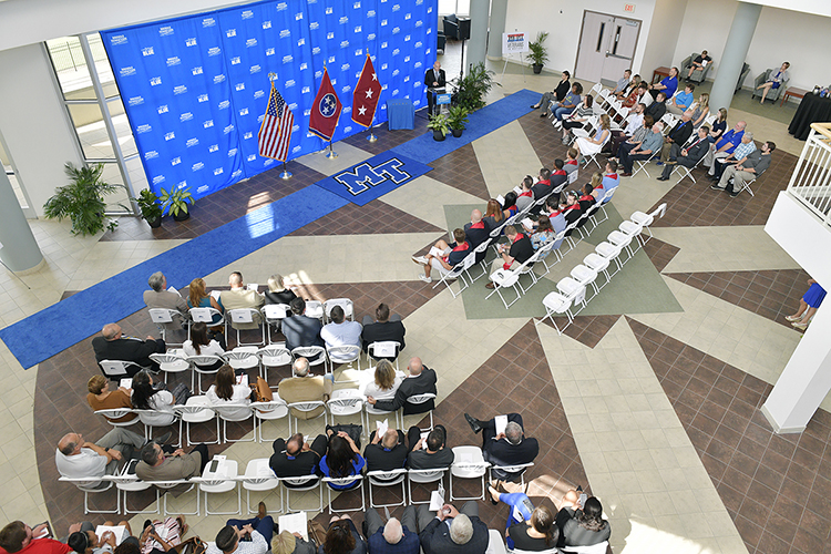 MTSU officials conduct a Graduating Veterans Stole Ceremony in the first-floor atrium of the university's Andrew Woodfin Miller Sr. Education Center on Bell Street in this file image. The center, located on East Bell Street in Murfreesboro, is a renovated campus addition that provides needed office, instructional and meeting space for some of the university’s key programs. (MTSU file photo by Andy Heidt)