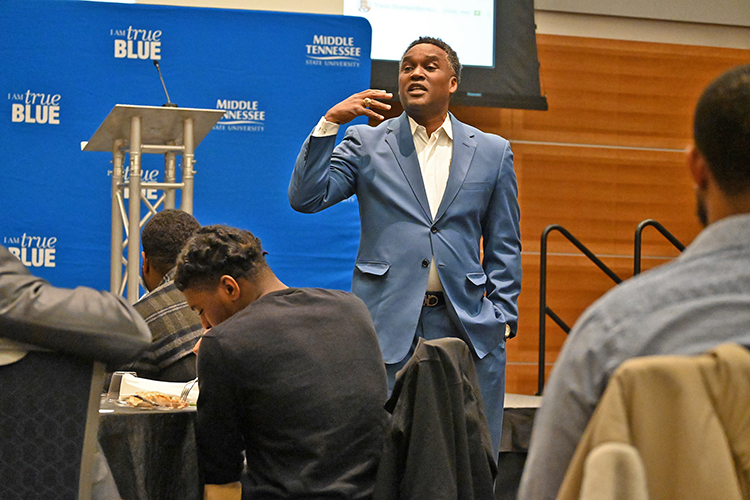 MTSU Board of Trustees member and alumnus Darrell Freeman speaks to participants in the latest Black Male Lecture Series by the Office of Student Success at the closing ceremony held Feb. 18 in the Student Union Ballroom. (MTSU photo by Jimmy Hart)