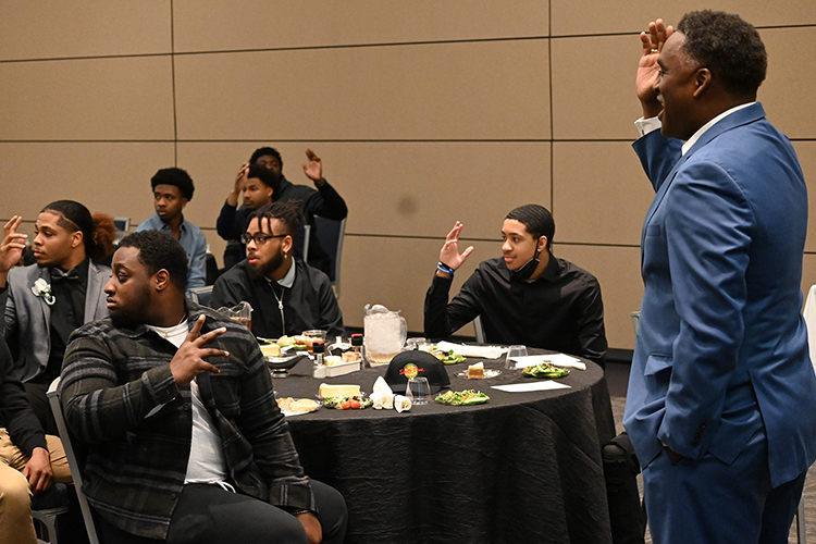 MTSU Board of Trustees member and alumnus Darrell Freeman speaks to participants in the latest Black Male Lecture Series by the Office of Student Success at the closing ceremony held Feb. 18 in the Student Union Ballroom. (MTSU photo by Jimmy Hart)