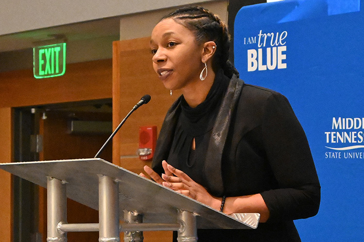 MTSU Scholars Academy Manager Brelinda Johnson speaks to participants in the latest Black Male Lecture Series by the Office of Student Success at the closing ceremony held Feb. 18 in the Student Union Ballroom. (MTSU photo by Jimmy Hart)