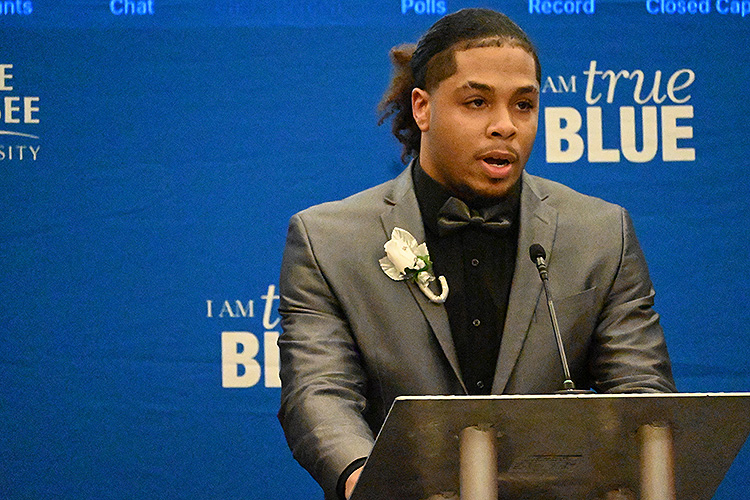 MTSU junior aerospace technology major Mervyn Thomas-Crawford of Baltimore, Maryland, shares reflections on his participation in the latest Black Male Lecture Series by the Office of Student Success at the closing ceremony held Feb. 18 in the Student Union Ballroom. (MTSU photo by Jimmy Hart)