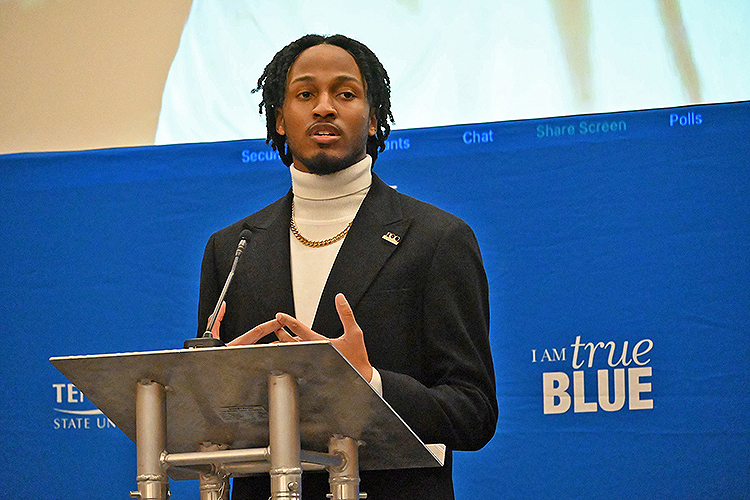 MTSU senior commercial songwriting major Joshua Gray of St. Louis shares reflections on his participation in the latest Black Male Lecture Series by the Office of Student Success at the closing ceremony held Feb. 18 in the Student Union Ballroom. (MTSU photo by Jimmy Hart)