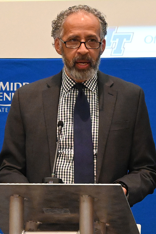 Vincent Windrow, associate vice provost for student success at MTSU, speaks to participants in the latest Black Male Lecture Series by the Office of Student Success at the closing ceremony held Feb. 18 in the Student Union Ballroom. (MTSU photo by Jimmy Hart)