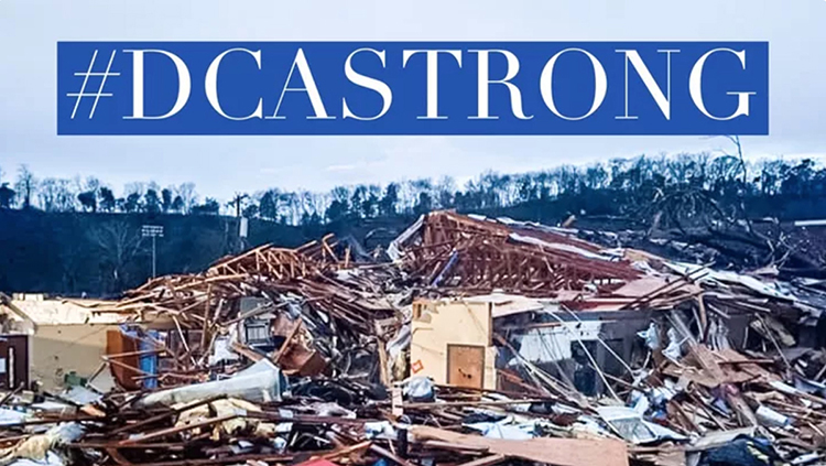 This photo illustration featuring the hashtag #DCASTRONG shows the destruction in the aftermath of a March 2020 tornado that struck Donaldson Christian Academy in Nashville, Tenn. (Photo submitted)