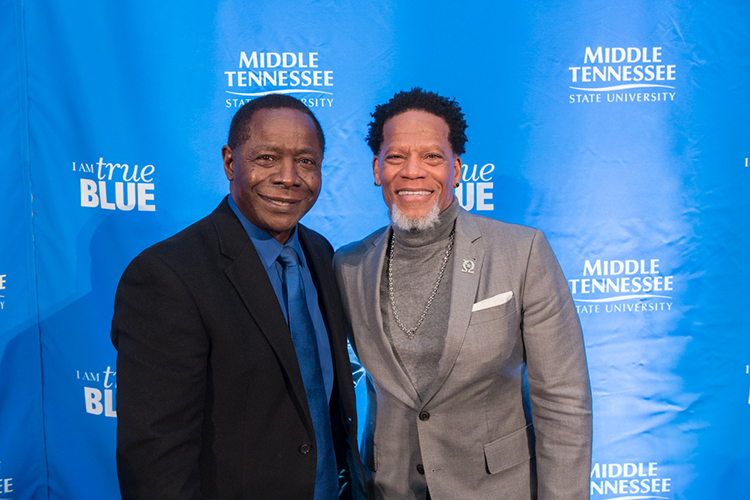 Comedian, author and Peabody Award-winner D.L. Hughley, right, poses for a photo with President Sidney A. McPhee following Hughley’s keynote remarks Thursday, Feb. 3, inside the State Farm Lecture Hall in the Business and Aerospace Building. Hughley gave his address as part of MTSU’s Black History Month activities. (MTSU photo by James Cessna)