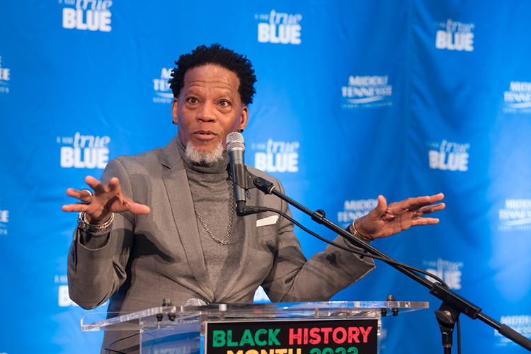Comedian, author and Peabody Award-winner D.L. Hughley gives keynote remarks Thursday, Feb. 3, inside the State Farm Lecture Hall in the Business and Aerospace Building. Hughley gave his address as part of MTSU’s Black History Month activities. (MTSU photo by James Cessna)