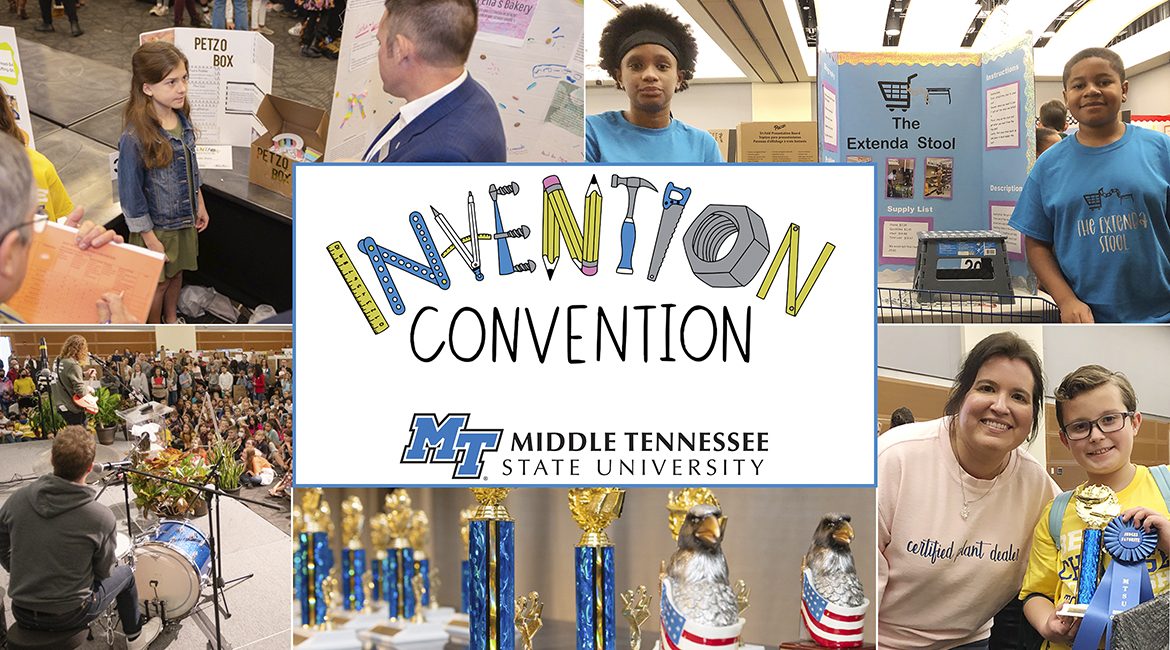 collection of five images from MTSU’s 29th annual Invention Convention, held Feb. 17, 2022, in the Student Union Ballroom, including, clockwise from upper left, Andie Hutto, a fifth grader at Coles Ferry Elementary School in Lebanon, Tenn., question from judge Josh Aaron, a professor in the Department of Marketing in the College of Business; fifth graders Makiya Lankford, left, and Richard Finley, of East Side Elementary School in Shelbyville, Tenn., and their “Extenda Stool” invention; Hayden Thornell, right, and his mom, Jill Thornell, both of Murfreesboro, with Hayden’s entrepreneurship awards for his new business, 