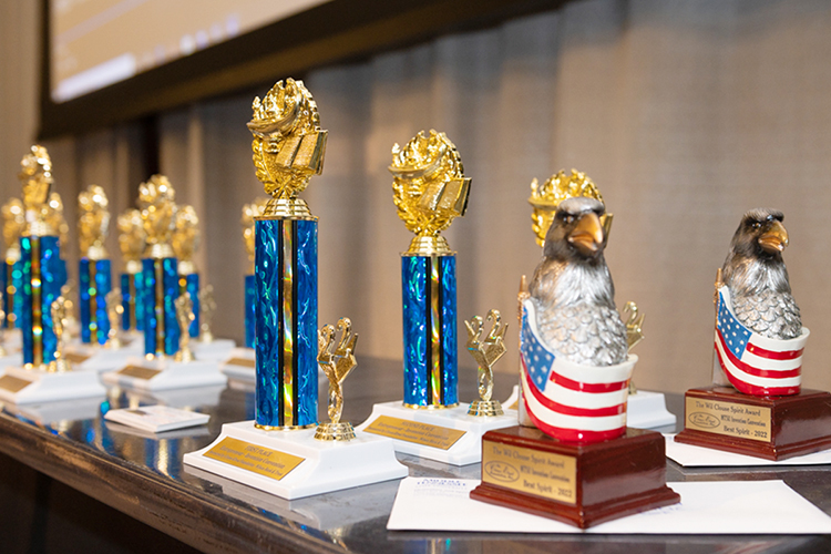 Trophies wait to be distributed to winners at Middle Tennessee State University's 29th annual Invention Convention in the Student Union Ballroom Thursday, Feb. 17. The university welcomed 700-plus fourth-, fifth- and sixth-grade students from 36 schools across the Midstate with their inventions to make life easier, their newly invented games and their entrepreneurship plans for their projects. (MTSU photo by James Cessna)