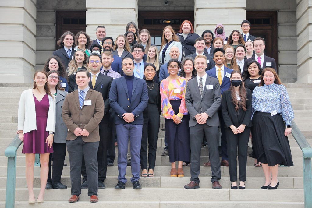 University students from across Tennessee joined MTSU at the annual Posters at the Capitol Wednesday, Feb. 16. They met for a photo outside State Capitol in Nashville. All performed STEM (science, technology, engineering and math) research. (MTSU photo by Javier Hernandez)