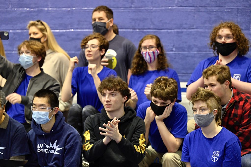 Members from at least two of the 25 teams competing in the Tennessee FIRST Tech Challenge in MTSU's Alumni Memorial Gym cheer on their teammates during the robotics competition. The event once again was hosted by MTSU Engineering Technology. (MTSU photo by Cat Curtis Murphy)