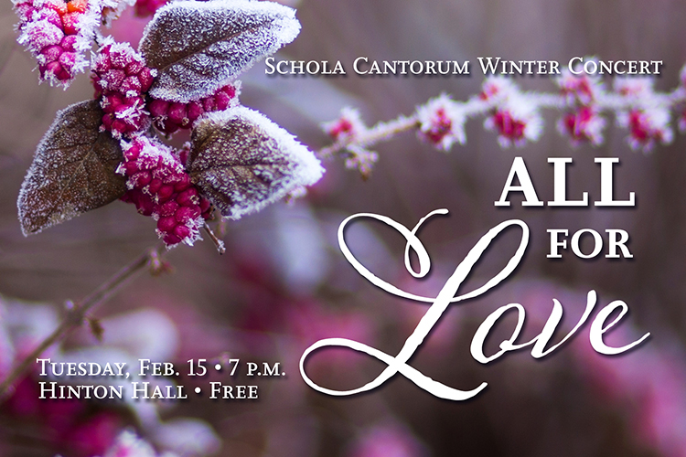 Stock image of frost-covered crimson berries. leaves and branch limbs with text reading “Schola Cantorum Winter Concert, ‘All for Love,’ Tuesday, Feb. 15, 7 p.m., Hinton Hall, free.” (file image by Freestocks.org)