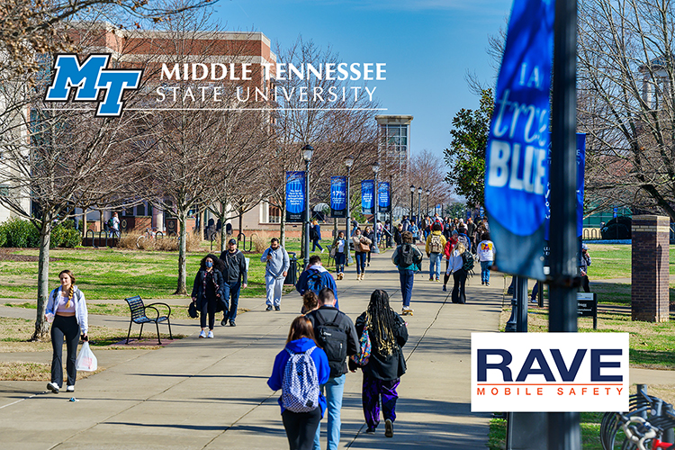 Students walk along east campus sidewalks between the Student Union and the Paul W. Martin Sr. Honors Building, with the elevator tower of the MTSU Boulevard Parking Garage in the distance, on the first day of spring 2022 classes in this file photo. The MT horizontal logo and the Rave Mobile Safety logos are superimposed onto the image. (MTSU file photo by Andy Heidt)