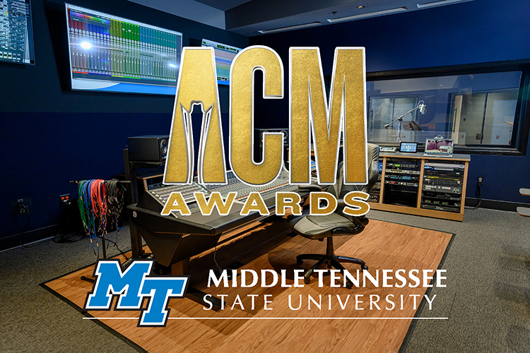 File image of the new Studio D in the MTSU Department of Recording Industry’s “Main Street Studios,” which opened in January for Audio Production Program students’ use, with the Academy of Country Music Awards new logo and MTSU file horizontal logo. (MTSU file photo by J. Intintoli)