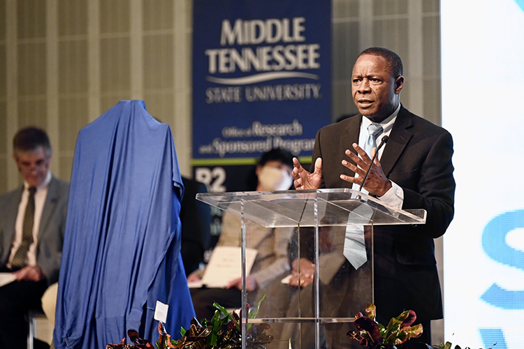 Middle Tennessee State University President Sidney A. McPhee praises the university’s increased research efforts and its historic elevation to R2 “High Research Activity” Carnegie classification status on March 25, 2022, at the ballroom of the Student Union Building on campus. (MTSU photo by J. Intintoli)