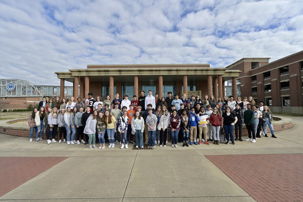 More than 75 Blackman Collegiate Academy sophomores visited the MTSU campus Thursday, March 17, as part of BCA Day at MTSU activities, posing for this group photo outside the Student Services and Admissions Center, a one-stop shop for new and transfer students when visiting MTSU. BCA freshmen will visit Tuesday, March 22. The academy is a partnership with the university. (MTSU photo by Andy Heidt)