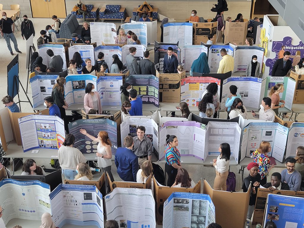 A sea of science-related research posters fills the MTSU Science Building Liz and Creighton Rhea Atrium Tuesday, March 22. The College of Basic and Applied Sciences, or CBAS, held its annual Scholars Day as part of MTSU Scholars Week activities, which conclude with the universitywide Scholars Day Friday, March 25, in the Student Union Ballroom. (MTSU photo by Grant Gardner)