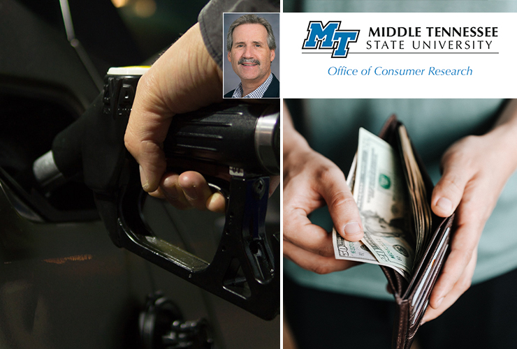 Dr. Tim Graeff, top center, , marketing professor and director of the Office of Consumer Research, says inflation worries and rising gas prices dropped the latest Tennessee Consumer Outlook Index to an all-time low. (MTSU photo of Graeff; money photo by Karolina-Grabowska from Pexels; gas nozzle photo by skitter photo from Pexels)