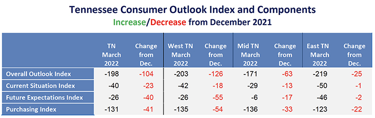 This chart shows results of the overall Tennessee Consumer Outlook Index and sub-indices as well as results by region of the state since December 2021. The March 2022 index registered an all-time low of -198, down from -93 in December. The index is measured quarterly. (Courtesy of the MTSU Office of Consumer Research)