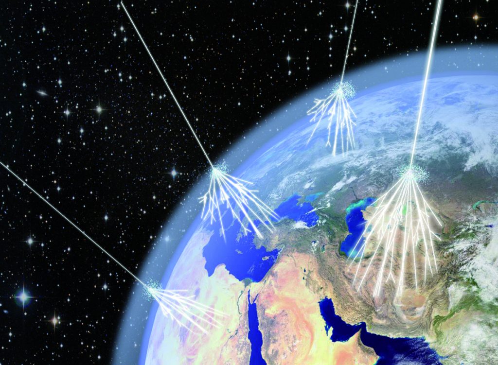 An illustration of “air showers” that result when ultra-high-energy cosmic rays strike the top of the Earth’s atmosphere and collide with air nuclei, producing other particles before reaching the ground. MTSU Physics and Astronomy lecturer Neda Naseri will discuss “Mysteries of Cosmic Rays” during the Friday Star Party starting at 6:30 p.m. April 1 in Wiser-Patten Science Hall Room 102. The event is free and open to the public. (Image courtesy of Asimmetrie/INFN, via CERN)