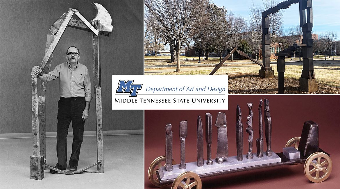 MTSU art professor emeritus James S. Gibson poses with one of his sculptures, “Bird Icon,” in the November 1983 photo at left, while at top right, “Rite of Passage,” a sculpture he created to mark MTSU’s 75th anniversary in 1986 stands at one of the busiest intersections on campus, Old Main Circle and Normal Way. At lower right is “Hell on Wheels,” another of the 500-plus pieces of art created by Gibson, who taught at MTSU from 1970 to 1999. A new retrospective exhibit of his work, “James Gibson: A Life in Sculpture,” will open Monday, March 14, in the university’s Todd Art Gallery and run through Saturday, April 2. A free public opening reception is set for 2 p.m. Saturday, March 19, followed at 3 p.m. by a special discussion with the Gibson family on the artist’s work and achievements. Half the sale proceeds from each piece of Gibson’s artwork purchased during the exhibit and reception will benefit MTSU art students through the James S. Gibson Scholarship, established by his family after his 2018 death. (Photos courtesy of MTSU College of Liberal Arts)