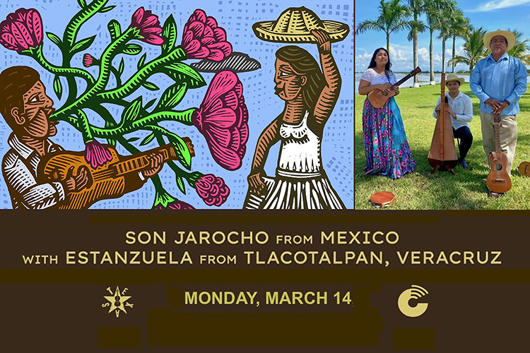 at top left is a portion of a woodcut image by artist Alec Dempster of Toronto, Canada, showing a son jarocho musician playing guitar and singing, with roses emerging from his mouth, to a dancing woman lifting her hat. and at right is a publicity photo of son jarocho performers Grupo Estanzuela, a family group from Veracruz, Mexico. text below images reads 