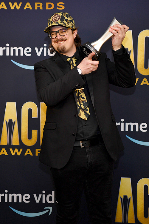 MTSU commercial songwriting graduate Hardy poses with his ACM songwriter of the year award in the press room during the 57th Academy of Country Music Awards at Allegiant Stadium March 7 in Las Vegas. (photo by Denise Truscello/Getty Images for ACM)