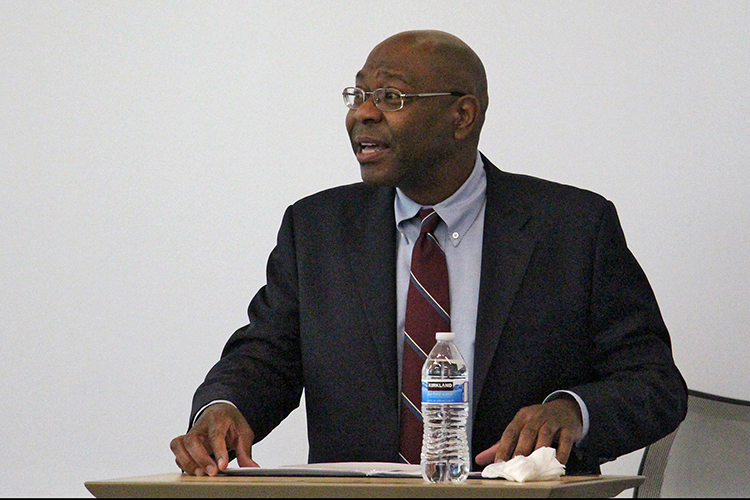 Wall Street Journal columnist and author Jason Riley delivers a talk on his book, “Maverick: A Biography of Thomas Sowell,” on Feb. 17 at MTSU’s Academic Classroom Building. (MTSU photo by Brian Delaney)