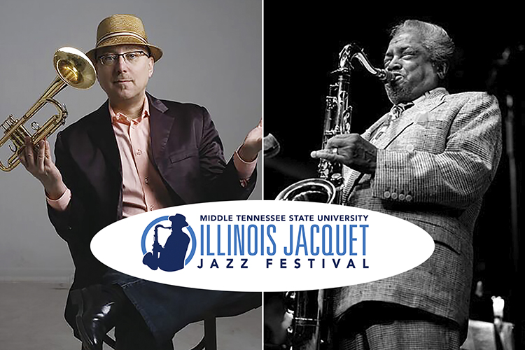 Grammy-winning jazz trumpeter and educator Brian Lynch, shown at left, is the headliner for MTSU’s 2022 Illinois Jacquet Jazz Festival, set for Saturday, April 2, featuring live performances and workshops with Lynch and MTSU School of Music jazz faculty and students and concluding with a 5:30 p.m. public concert. The focus of the event, the late jazz tenor saxophonist Jean-Baptiste “Illinois” Jacquet, is shown at right at a 1998 concert at Brecon, Wales. (Lynch photo courtesy of Nick Ruechel; Jacquet photo courtesy of William Ellis)