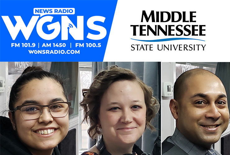 MTSU faculty and staff appeared on WGNS Radio’s Feb. 21 “Action Line” program with host Scott Walker. Guests included, from left in order of appearance, Ana Cannon, University Honors College student; Maigan Wipfli, director of the June Anderson Center for Women and Nontraditional Students as well as chair and coordinator of National Women’s History Month; and Dr. Chaminda Prelis, chair of the MTSU Aerospace Department. (MTSU photo illustration by Jimmy Hart)