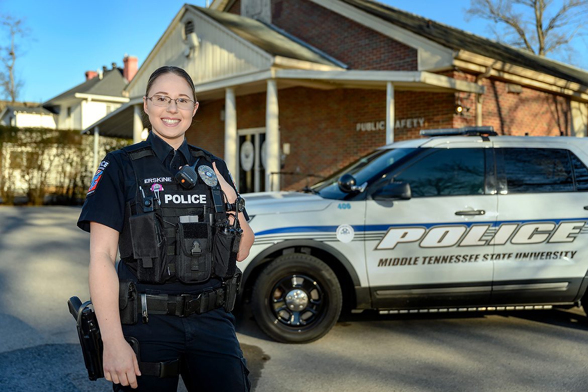 Middle Tennessee State University Police Officer Katelynn Erskine hopes her new role as a Defensive Tactics Instructor — a first for a female on the campus force — gives more visibility for women in leadership roles in law enforcement. (MTSU photo by J. Intintoli)