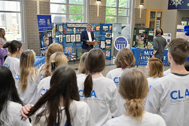 MTSU Provost Mark Byrnes praises students of the Siegel Humanities Academy for their accomplishments at the end of the program's first semester. Byrnes spoke at an April 26 ceremony at Siegel High School in Murfreesboro. (MTSU photo by Andy Heidt)