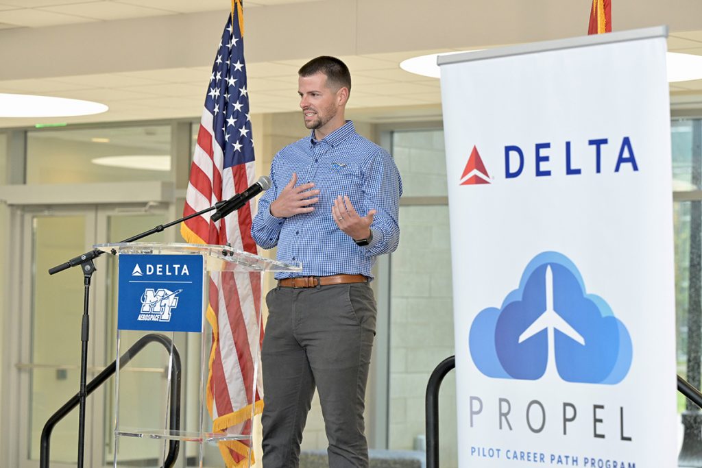 MTSU aerospace alumnus Colton Gray of Lebanon, Tenn., admits being “very humbled by the entire experience” of becoming the first graduate of the Delta Propel pilot program to accelerate (in 42 months or less) qualified aviators starting to train to be Delta Air Lines pilots. Gray spoke to a gathering of faculty, staff and students Tuesday, April 5, in the Science Building Liz and Creighton Rhea Atrium. (MTSU photo by Andy Heidt)