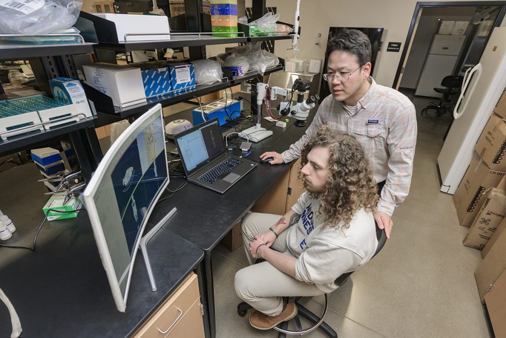 Award-winning researcher and biology assistant professor Yangseung Jeong, standing, and junior forensic science major Marcus Luciano analyze data they’ve collected in an MTSU Science Building research lab. Jeong, who came to MTSU in 2017, is the 2022 Ellis R. Kerley Research Award recipient. It was announced recently by the Ellis R. Kerley Forensic Sciences Foundation. (MTSU photo by Andy Heidt) Biology faculty in his lab in the Science Building. Marcus Luciano (Jr. - Forensic Science) with Yangseung Jeong in his lab in the Science Building.