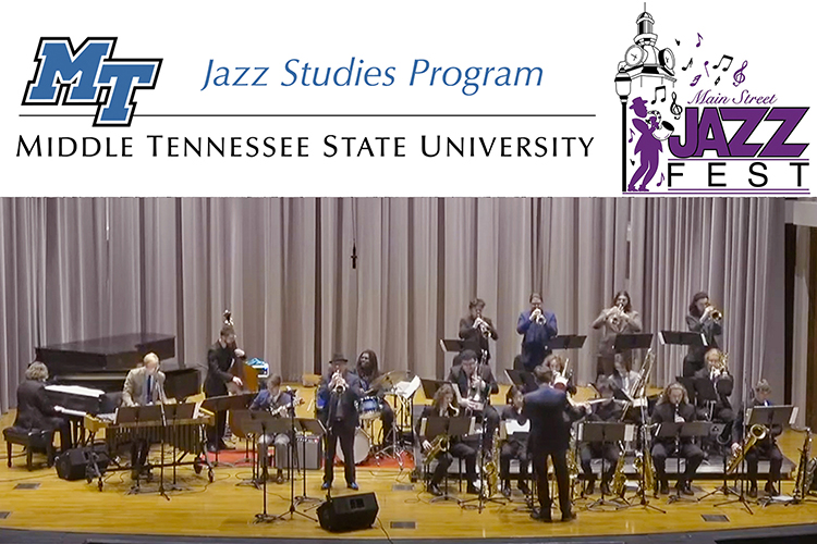 photo of the MTSU Jazz Ensemble I performing group April 2 on the stage of Hinton Hall at the annual Illinois Jacquet Jazz Festival with the MTSU Jazz Studies Program and Murfreesboro JazzFest logos above it.