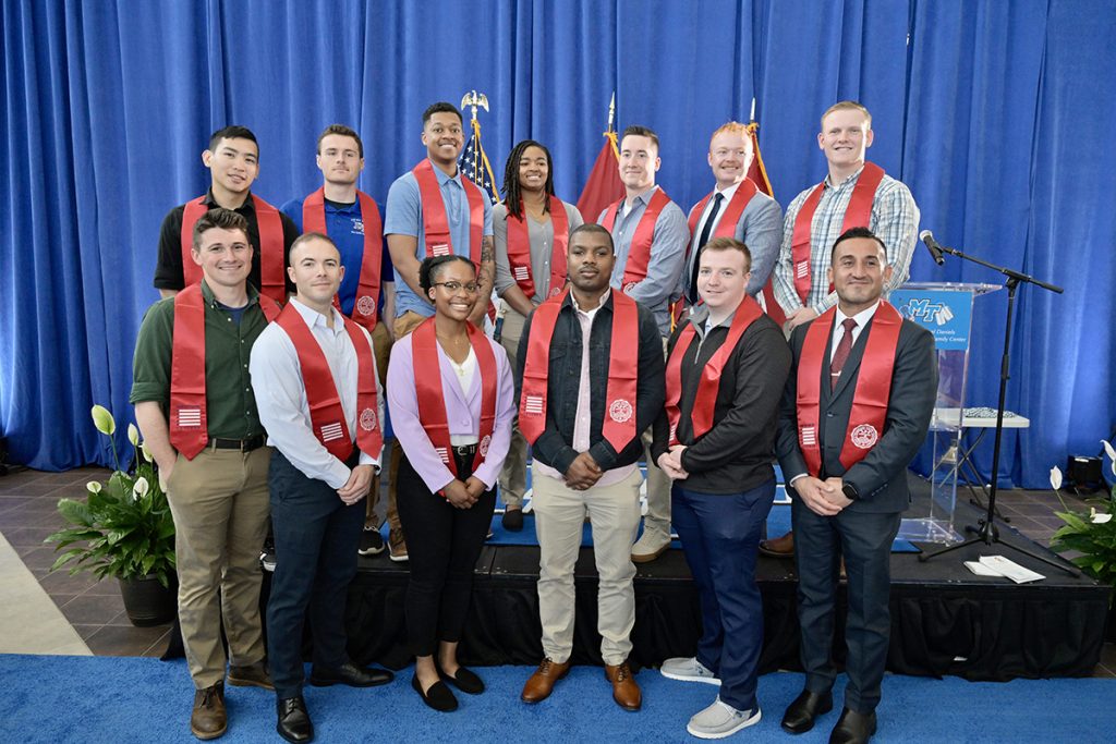 The Graduating Veterans Stole Ceremony Wednesday, April 27, in the Miller Education Center's second-floor atrium included 13 Military Science ROTC cadets. They will be commissioned May 14 outside the Tom H. Jackson Building near the MTSU Veterans Memorial. (MTSU photo by Andy Heidt)