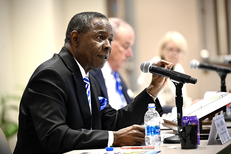 MTSU President Sidney A. McPhee makes a point during the Tuesday, April 5, Board of Trustees quarterly meeting inside the Miller Education Center on Bell Street. The board approved a contract extension for McPhee through December 2026. (MTSU photo by J. Intintoli)