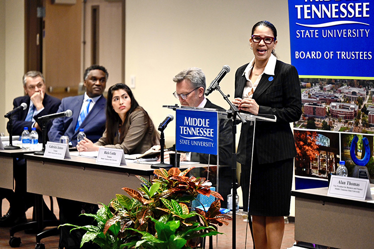 Monica Smith, MTSU’s new assistant to the president for community engagement and inclusion, expresses appreciation for being hired to her new role during the Tuesday, April 5, Board of Trustees quarterly meeting inside the Miller Education Center on Bell Street. Looking on, from left, are Trustees Joey Jacobs and Darrell Freeman, Student Trustee Gabriela Jaimes, and Faculty Trustee Rick Cottle. (MTSU photo by J. Intintoli)