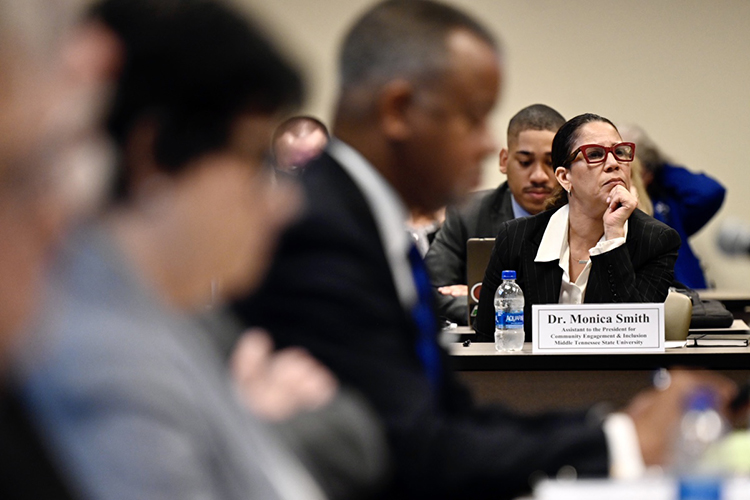 Monica Smith, MTSU’s new assistant to the president for community engagement and inclusion, listens to the discussion during the Tuesday, April 5, Board of Trustees quarterly meeting inside the Miller Education Center on Bell Street. (MTSU photo by J. Intintoli)