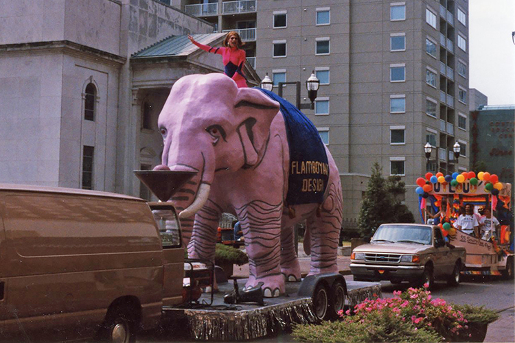 Bianca Paige, a drag queen who raised more than $1 million for HIV and AIDS research, rides atop a pink elephant in a gay pride parade in Nashville in the early 1990s. The photo is part of the Albert Gore Research Center's LGBTQ+ archives. (Photo courtesy of Albert Gore Research Center)
