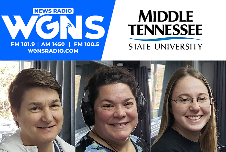 MTSU faculty and staff appeared on WGNS Radio’s March 21 “Action Line” program with host Scott Walker. Guests included, from left in order of appearance, Dr. Anne Anderson, finance professor and the Weatherford Chair of Finance in the Jones College of Business; Dr. Jennifer Vannatta-Hall, interim director of the MTSU School of Music; and MTSU Police Officer Katelynn Erskine. (MTSU photo illustration by Jimmy Hart)